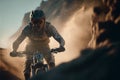 A man on a mountain bike rides the trail shrouded in dust. Generate AI.