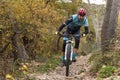 Man mountain biking in forest.