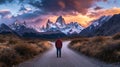 A man at a mountain fork in the road beneath a cloudy dawn sky a journey awaits Royalty Free Stock Photo