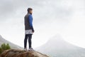 Man, mountain peak space or thinking for adventure, mockup or trail in exercise or workout. Hiker, sky or climber Royalty Free Stock Photo