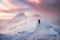 Man mountaineer walking with snow footprint on snow peak ridge i Royalty Free Stock Photo