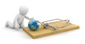 Man and Mousetrap with globe (clipping path included) Royalty Free Stock Photo