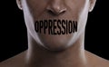 Man, mouth and silence for oppression, closeup and text overlay for human rights by black background. Person, cover lips