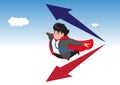 A man moves upward towards his target against the background of a blue sky, clouds and an upward arrow. Career growth or startup