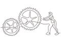 Man with moving gears wheels in continuous line drawing minimalist design. Round wheel metal symbol company logotype template for Royalty Free Stock Photo