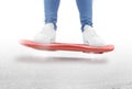 Man moving on red hover board scooter isolated. Royalty Free Stock Photo