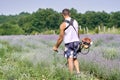 Man mowing among lavender rows Royalty Free Stock Photo