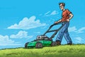 man mowing the lawn with a lawn mower gardening landscaping service business vector illustration