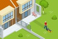 Man mowing the lawn with yellow lawn mower in summertime. Lawn grass service concept. Isometric vector illustration