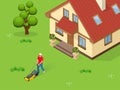 Man mowing the lawn with yellow lawn mower in summertime. Lawn grass service concept. Isometric vector illustration Royalty Free Stock Photo