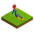 Man mowing the lawn with yellow lawn mower in summertime. Lawn grass service concept. Isometric vector illustration Royalty Free Stock Photo