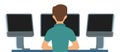 Man at multiple monitors. Finance trader code programmer computer operator security ahead computers, screens monitoring