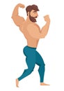 The man with the muscles. bearded, muscular jock in jeans. Posing bodybuilding. vector illustration