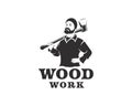 Man with mustache holding ax silhouette logo. Wood work or lumberjack logo design template