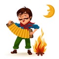 Man with mustache plays sanfona near fire under moon vector illustration, Boy holding accordion at bonfire at night Royalty Free Stock Photo