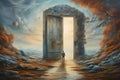 A man and mystery door in surreal nature landscape