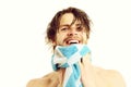 Man with naked torso and happy face wipes beard Royalty Free Stock Photo