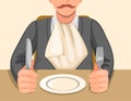 Man with napkin tucked in collar sitting in table holding knife and fork ready to eat in cartoon illustration vector