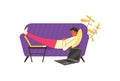 Man napping on couch at home after pizza snack flat vector illustration isolated.