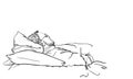 Man naps on two pillows at home. Vector drawing of upper body bearded male person with eyeglasses and clothes