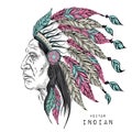 Man in the Native American Indian chief. Black roach. feather headdress of eagle. Hand draw vector illustration