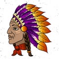 Man in the Native American Indian chief. Black roach. Indian feather headdress of eagle. Hand draw vector illustration Royalty Free Stock Photo