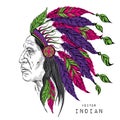 Man in the Native American Indian chief. Black roach. Indian feather headdress of eagle. Royalty Free Stock Photo