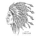 Man in the Native American Indian chief. Black roach. Indian feather headdress of eagle. Hand draw vector illustration Royalty Free Stock Photo