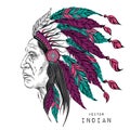 Man in the Native American Indian chief. Black roach. Indian feather headdress of eagle. Hand draw vector illustration Royalty Free Stock Photo