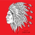 Man in the Native American Indian chief. Black roach. Indian feather headdress of eagle. Hand draw vector illustration Royalty Free Stock Photo