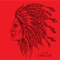 Man in the Native American Indian chief. Black roach. Indian feather headdress of eagle. Hand draw vector illustration Royalty Free Stock Photo
