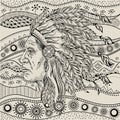 Man in the Native American Indian chief on ethno pattern, tribal background. Indian feather headdress