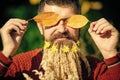 Man with natural spikelet beard sunny fall.