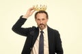 Man nature bearded guy in suit hold golden crown symbol of monarchy. Direct line to throne. Enormous privilege. Become