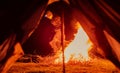 Man near camp fire and tent Royalty Free Stock Photo