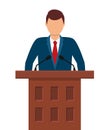 Man near podium. Speaker in suit stand on tribune for speech in conference. Politician speak from podium with microphones. Public