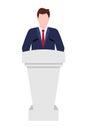 Man near podium. Speaker in suit stand on tribune for speech in conference. Politician speak from podium with microphones. Public Royalty Free Stock Photo