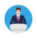 Man near podium. Speaker in suit stand on tribune for speech in conference. Politician speak from podium with microphones. Public Royalty Free Stock Photo