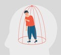 Man needs help inside a closed cage. Influence of drug addiction. Concept of restrictions