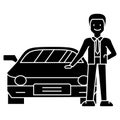 Man with new car - car dealer - auto dealership - buying a car icon, vector illustration, black sign on isolated