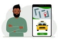 A man next to a large smartphone on the screen which has a taxi and geolocation. The concept of a mobile taxi