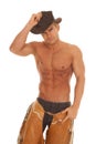 Man no shirt chaps hat on head serious Royalty Free Stock Photo