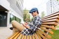 Man with notebook or diary writing on city street Royalty Free Stock Photo