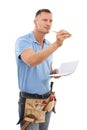 Man, notebook and tool belt for maintenance, handyman or guy isolated on white studio background. Male construction