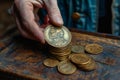 A man numismatist put old gold coins on the table. Royalty Free Stock Photo