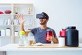 The man with nutrition jars and virtual reality glasses Royalty Free Stock Photo