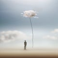Man observes a surreal cloud attached to the ground with a thread Royalty Free Stock Photo