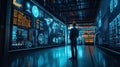 Man observing digital screens in futuristic control room with global data display and advanced technology interface