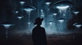 Man observing many strange glowing UFOs flying in the dark sky. Generative AI
