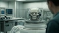 Man observing robot in laboratory, exploring advancements in robotics, automation, and artificial intelligence research.